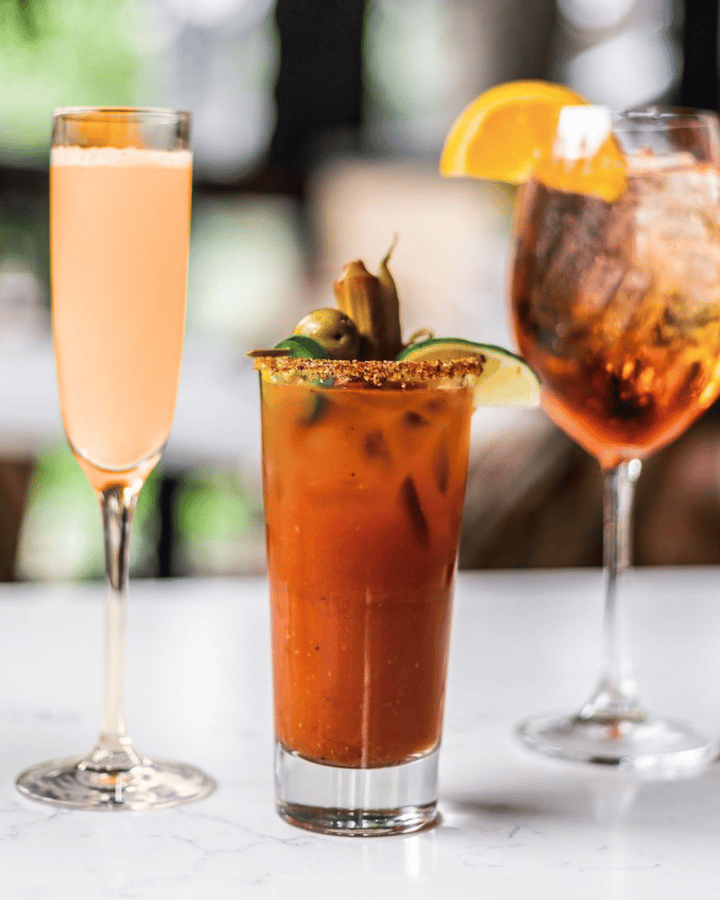 blood orange mimosa, bloody mary, aperol spritz